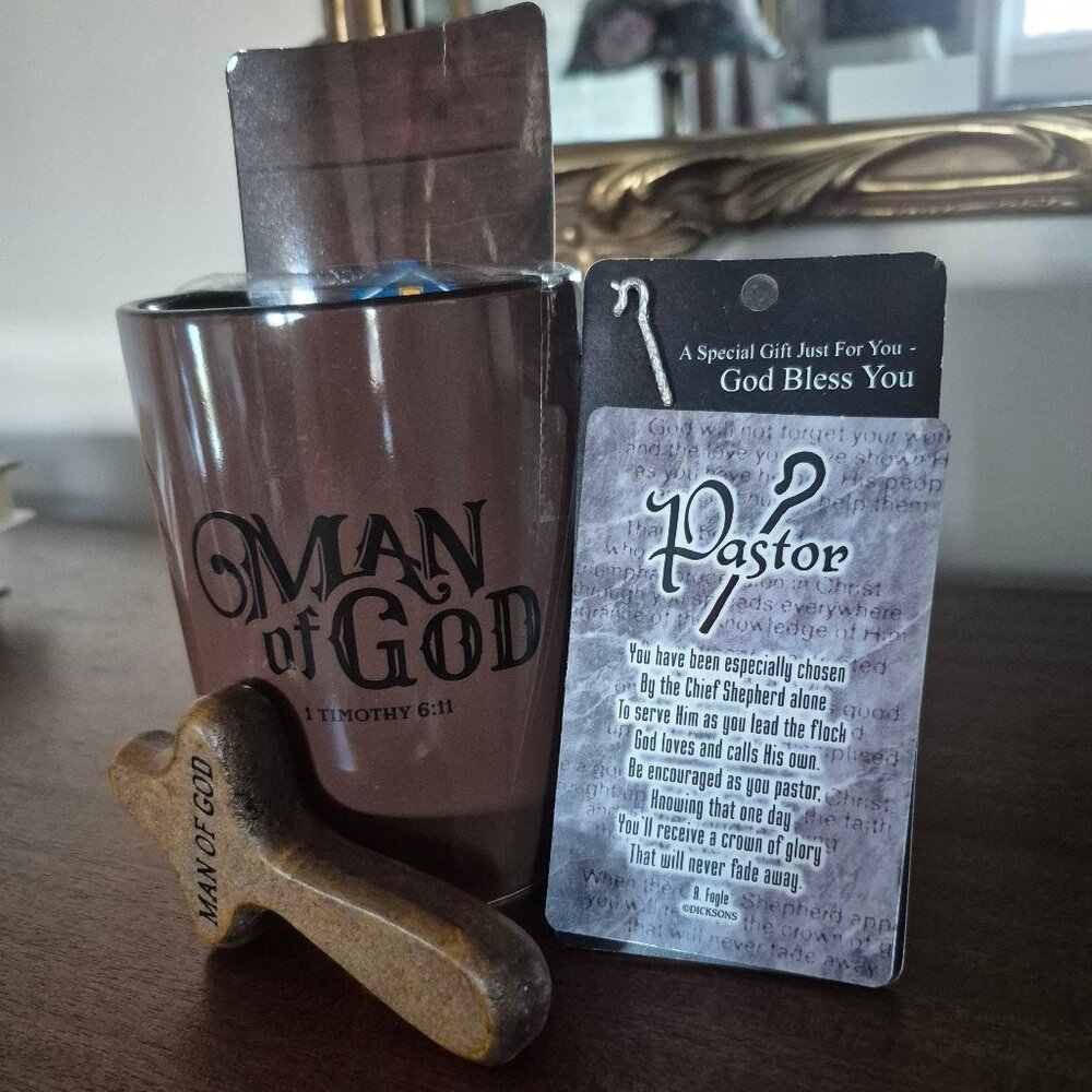A gift for a Pastor. Nice. Ceramic Mug ,cross and a Staff pin.